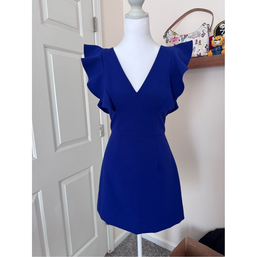 French Connection Cobalt Blue V-Neck Ruffle Sleeve Mini Dress